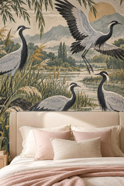 Riverbank crane wallpaper mural displayed behind a cozy blanket ladder in a living space
