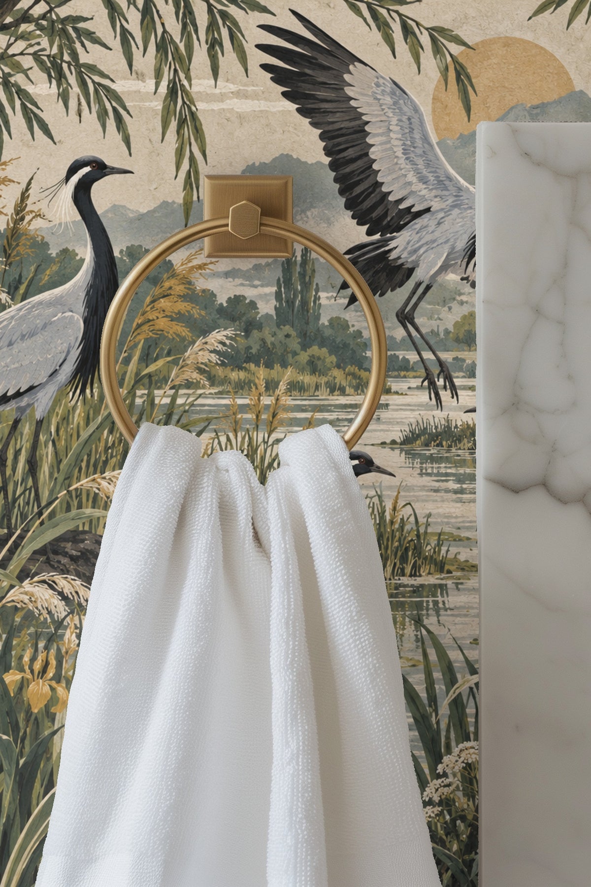 Crane wallpaper mural as a striking bedroom feature wall with bird and river details