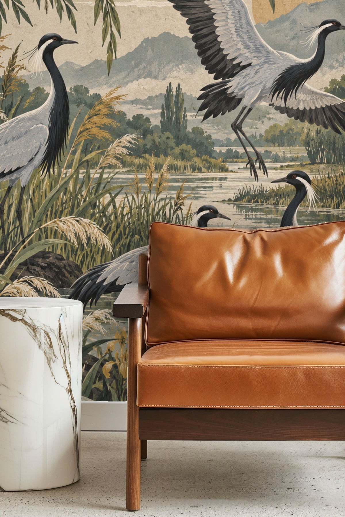 Bedroom setting showcasing tranquil mural with plush bedding accents