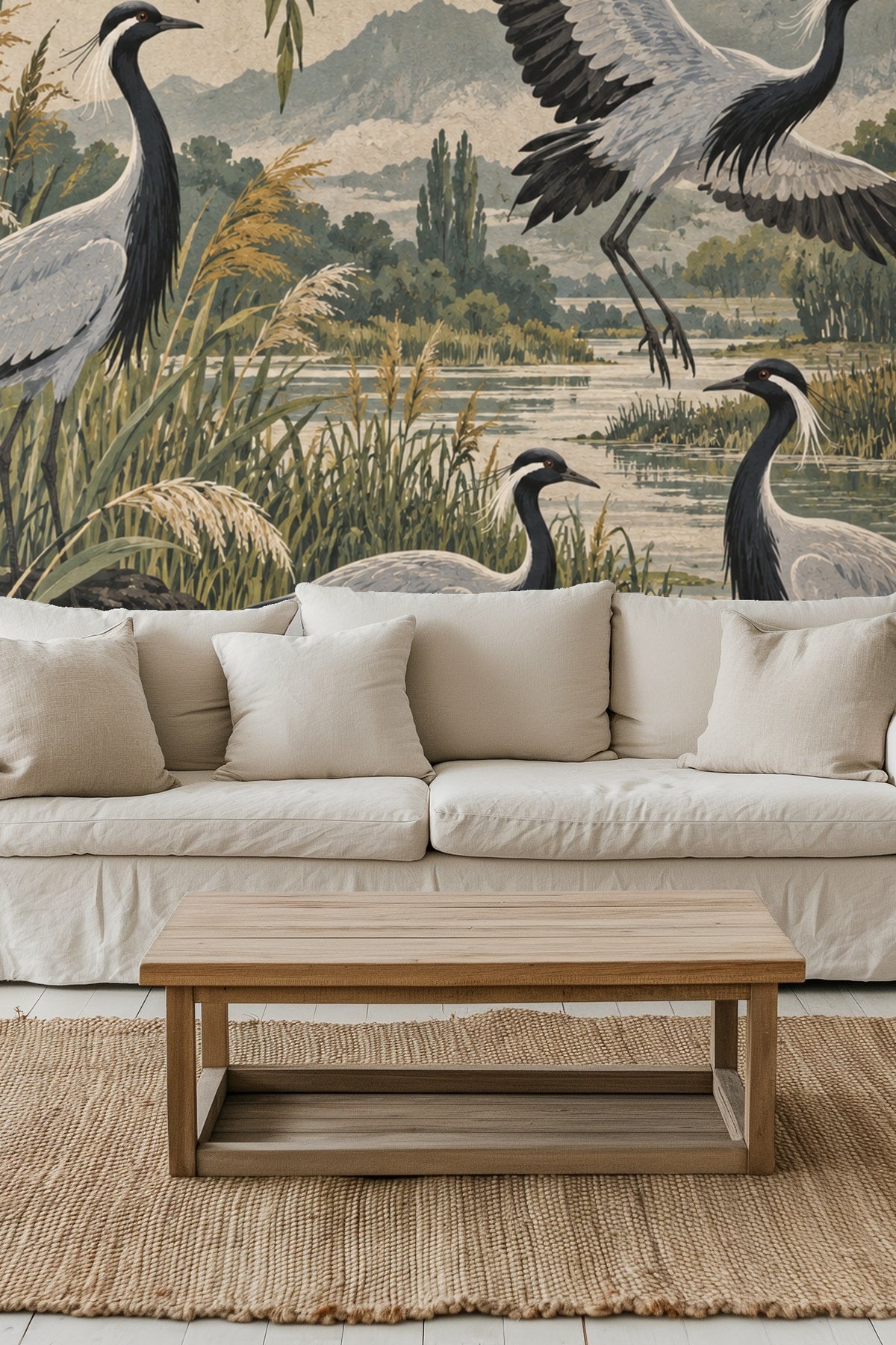 Close-up of crane wings mid-flight in wallpaper showing textured brushwork
