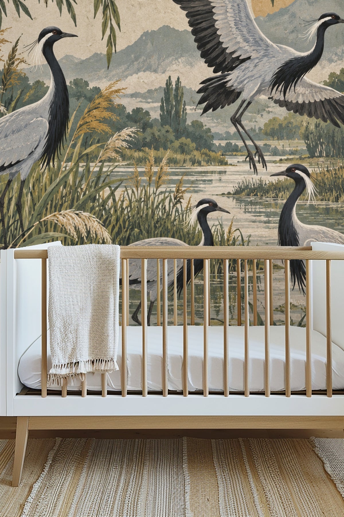 Willow tree branches framing the crane mural in soft green hues