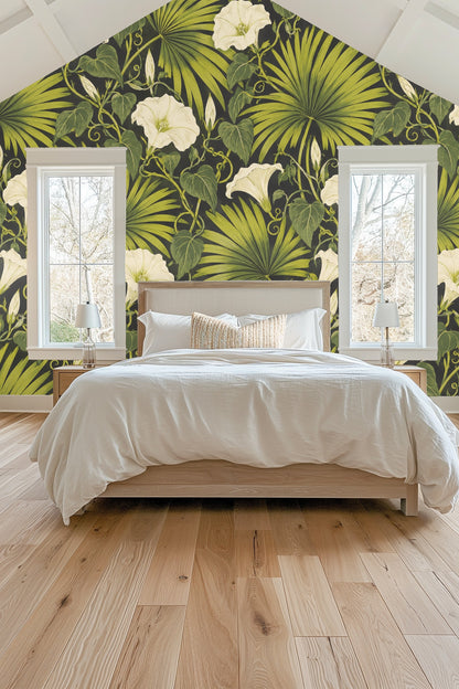 Close-up image showing texture and pattern detail of Palm Fan and Moonflower wallpaper