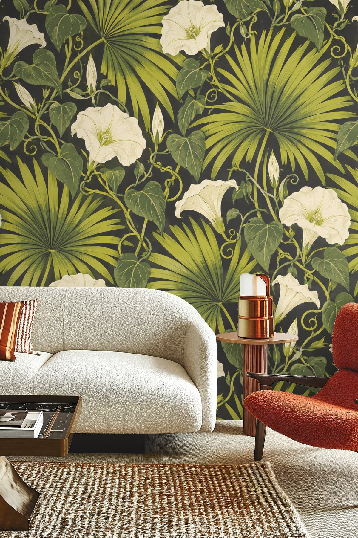 Living space corner featuring Palm Fan and Moonflower wallpaper with light-colored furniture