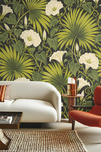 Living space corner featuring Palm Fan and Moonflower wallpaper with light-colored furniture
