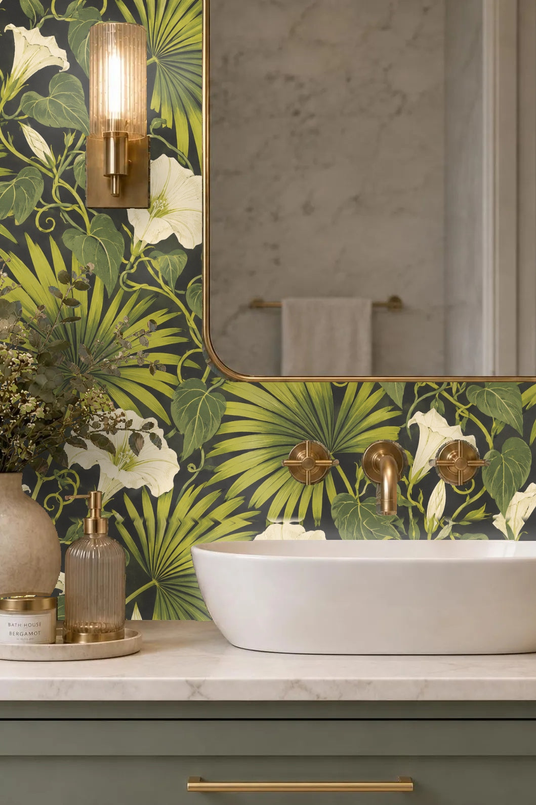 Entryway with Palm Fan and Moonflower wallpaper behind a textured beige sideboard and minimal artwork
