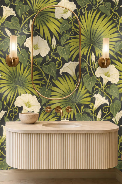 Partial view of Palm Fan and Moonflower wallpaper installed in a hallway