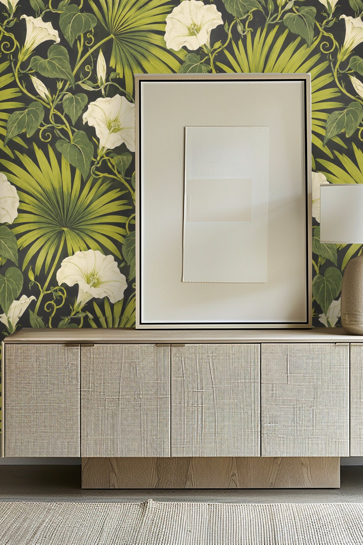 Detailed view of Palm Fan and Moonflower wallpaper showing cream moonflowers and green fan palm leaves on black background