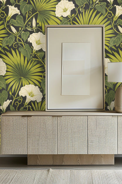 Detailed view of Palm Fan and Moonflower wallpaper showing cream moonflowers and green fan palm leaves on black background