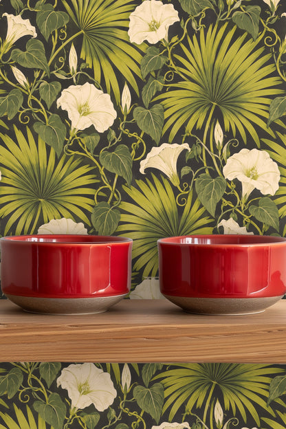 Side angle showing Palm Fan and Moonflower wallpaper behind a modern lamp and chair