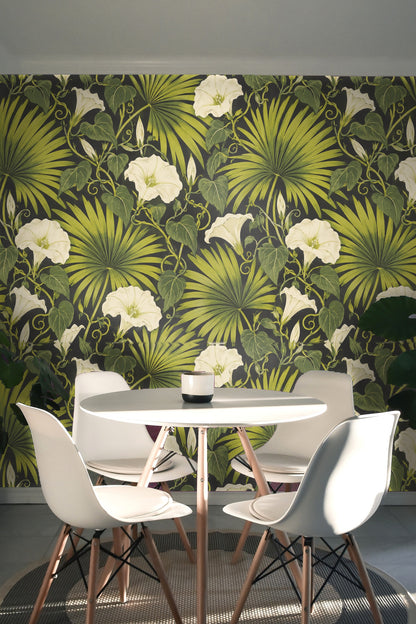 Palm Fan and Moonflower wallpaper accent wall with visible flow of vines and flowers