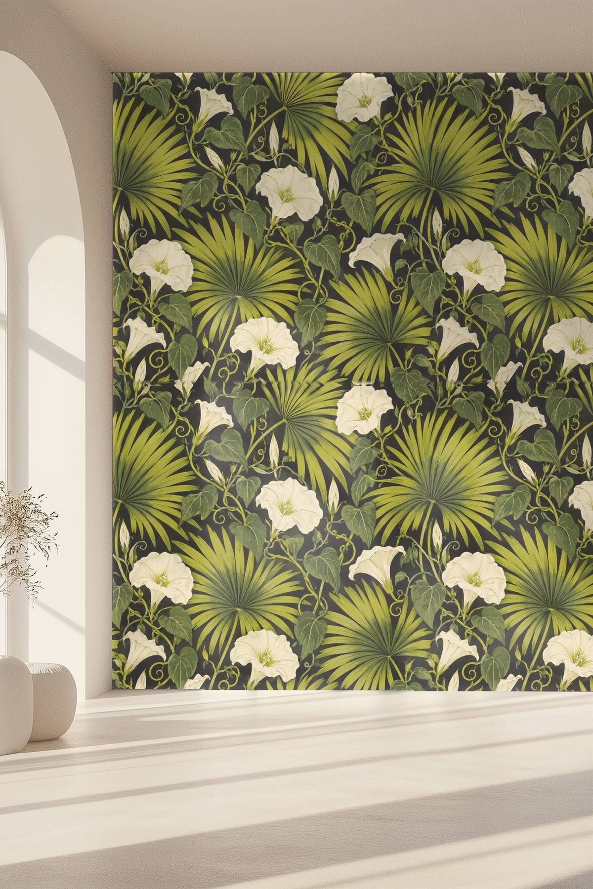Room detail capturing contrast of Palm Fan and Moonflower wallpaper with natural light