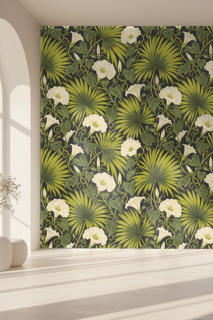 Room detail capturing contrast of Palm Fan and Moonflower wallpaper with natural light