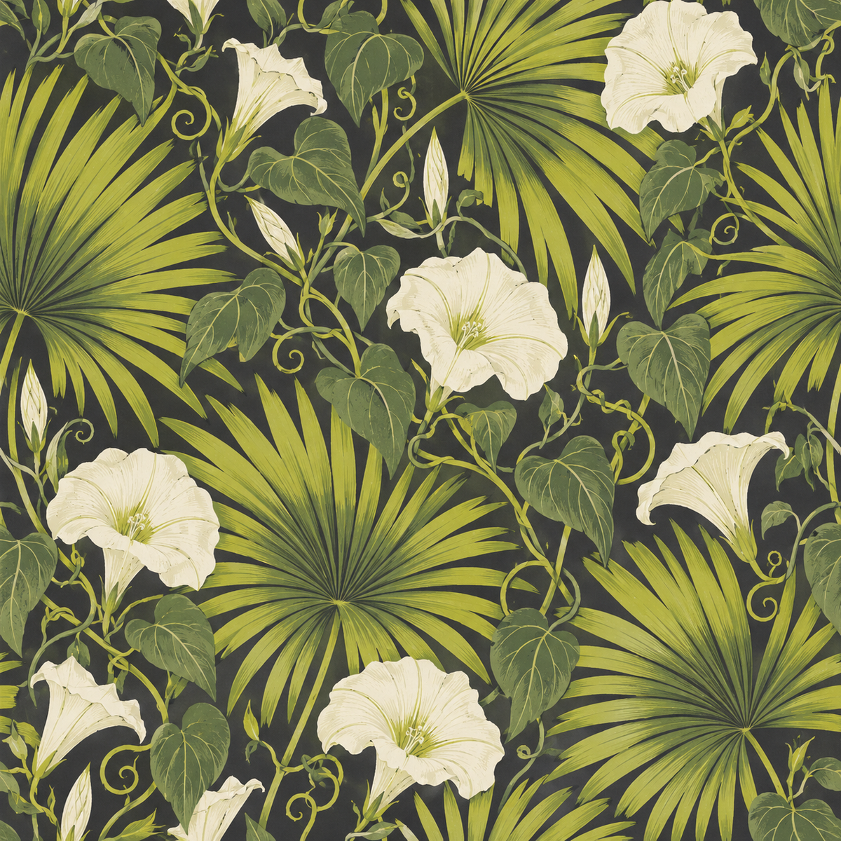 Wide shot of Palm Fan and Moonflower wallpaper in a residential setting with soft lighting