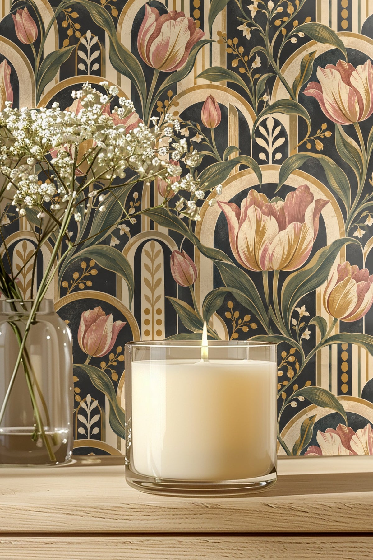 Pattern close-up of Delano Tulip Arcs wallpaper with pink tulips and arches