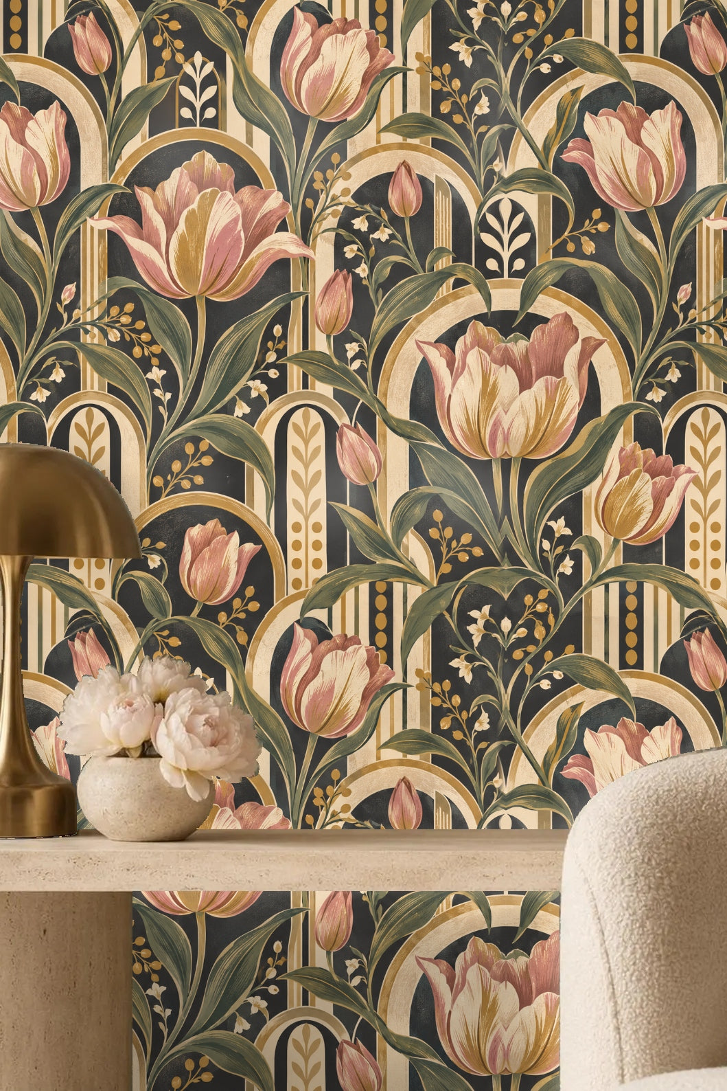 Green leaves and pink tulip buds on wallpaper