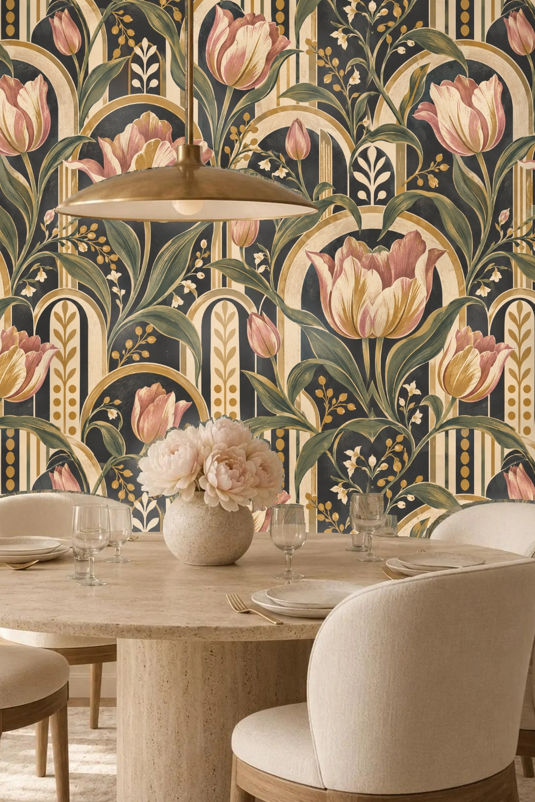 Golden ochre berries and leaves detail in wallpaper pattern