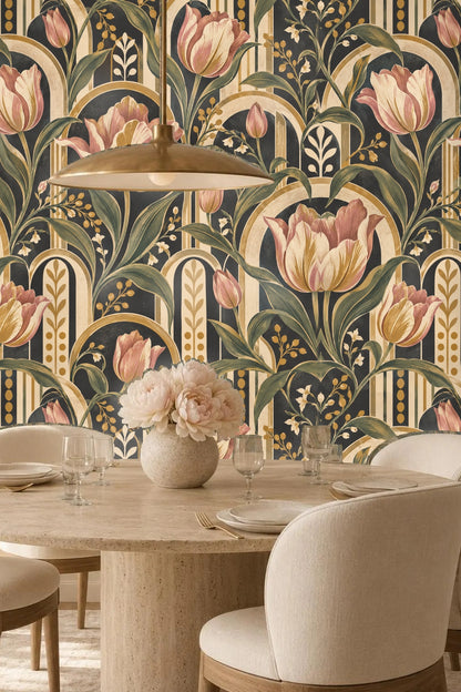 Golden ochre berries and leaves detail in wallpaper pattern
