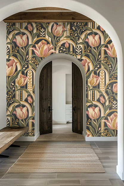 Laundry room with Delano Tulip Arcs wallpaper above washer and shelves