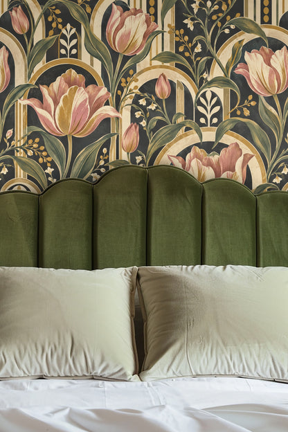 Vintage-style arch and floral pattern on wallpaper