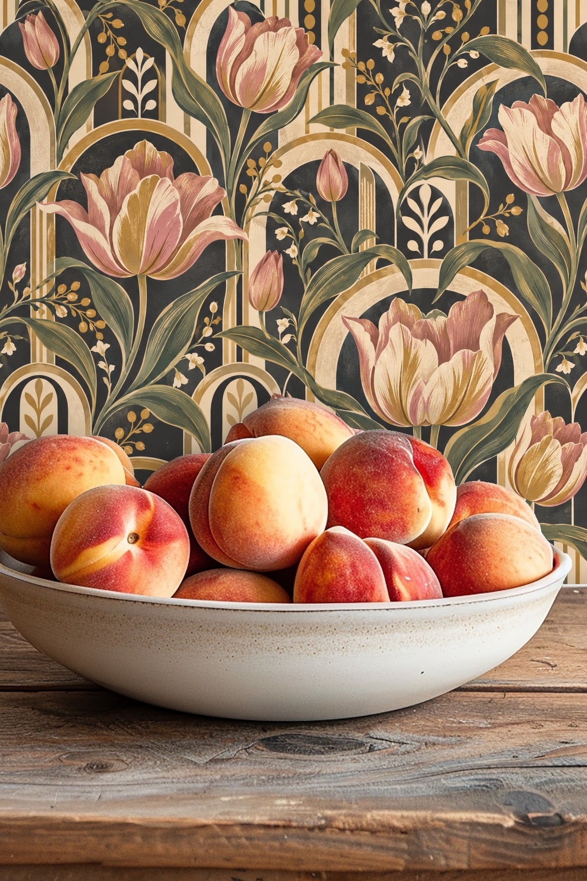 Section showing vertical striped arches in wallpaper