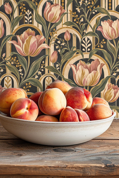 Section showing vertical striped arches in wallpaper