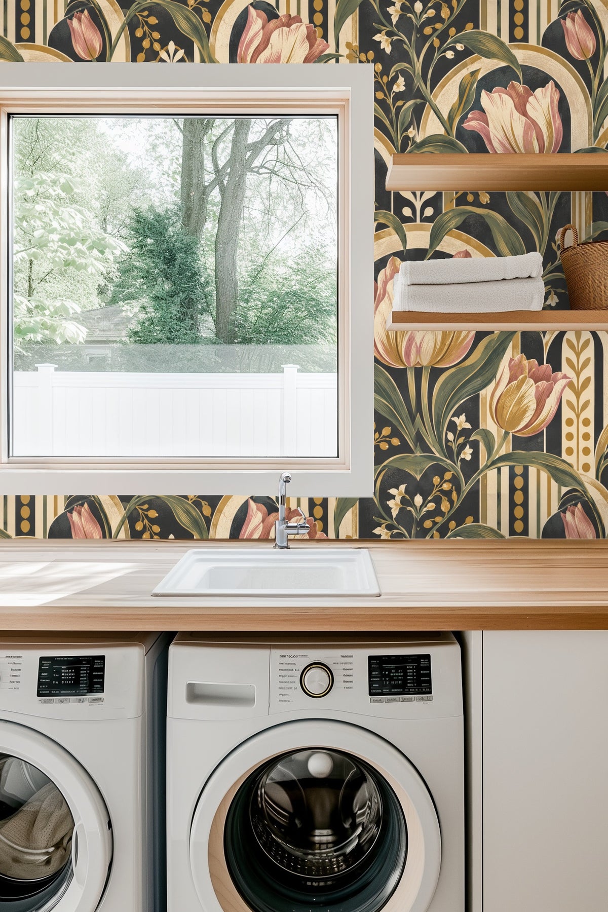 Delano Tulip Arcs wallpaper behind candle and vase with flowers