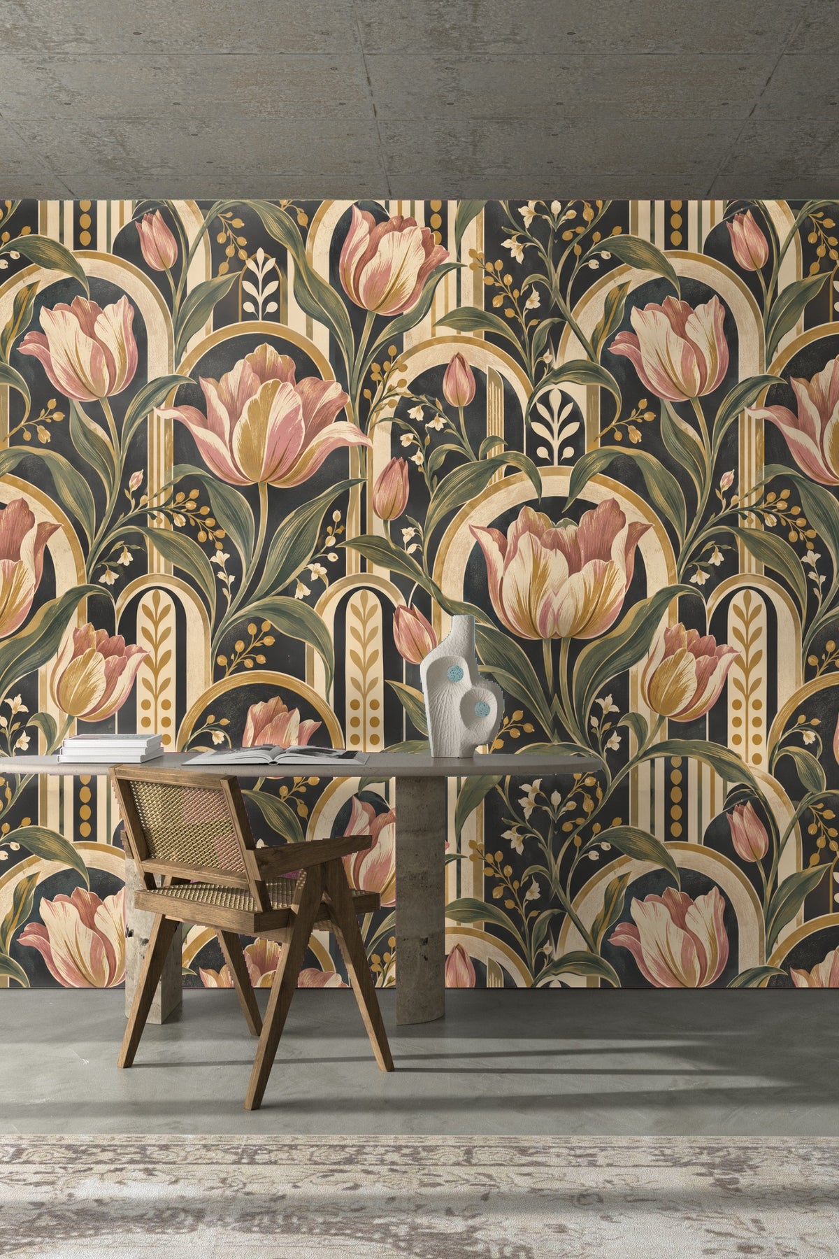 Tulips and small white blossoms clustered on wallpaper
