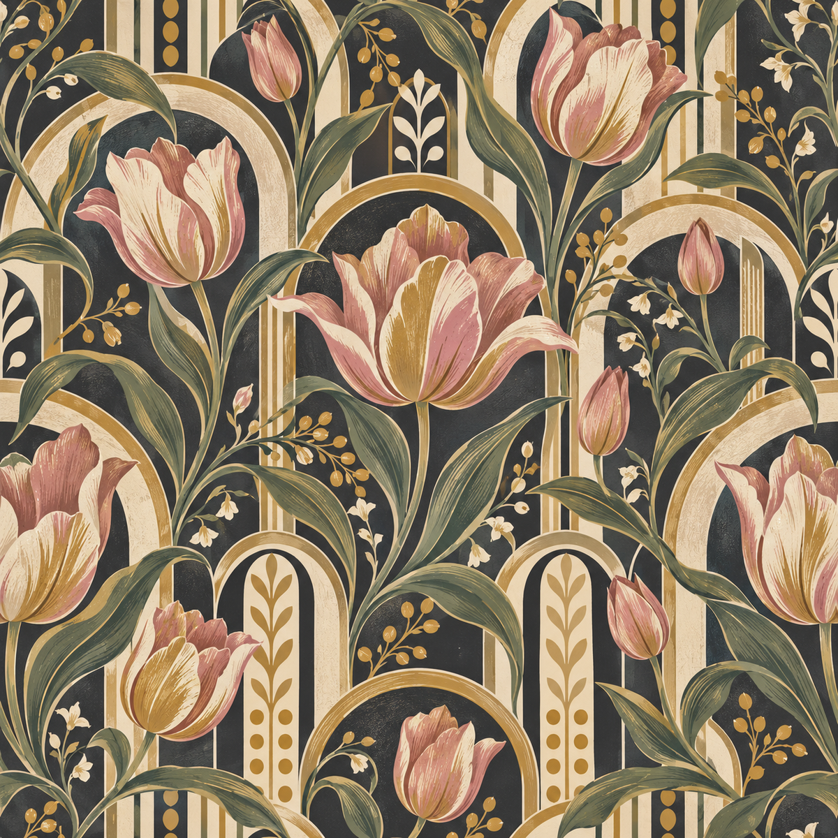 Stylized tulip flowers growing upward in arch motif wallpaper