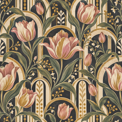 Stylized tulip flowers growing upward in arch motif wallpaper