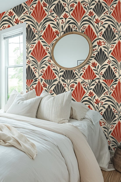 Light and shadow play on Crimson Apex Rhythm wallpaper in bright living space