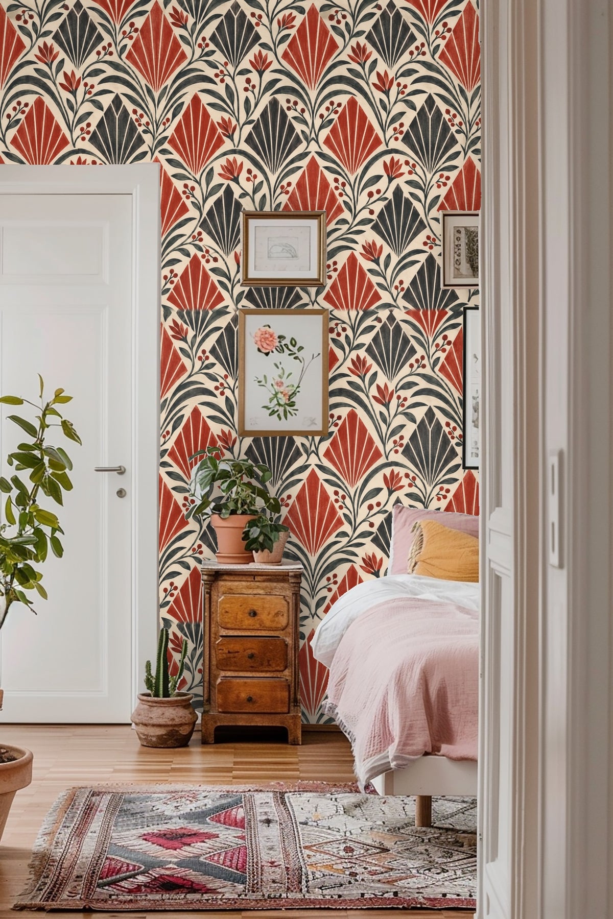 Red and black elongated fans repeat in a vertical rhythmic pattern on wallpaper