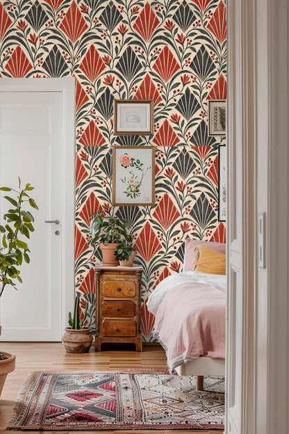 Red and black elongated fans repeat in a vertical rhythmic pattern on wallpaper