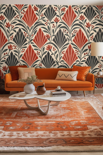 Textured cream background with graphic crimson and black fan motifs in wallpaper
