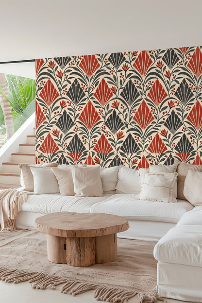 Hand-painted look of floral and geometric fans with muted green leaves on wallpaper