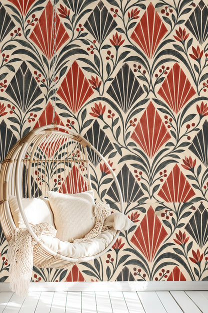 Close-up of Crimson Apex Rhythm wallpaper showing red and black fan motifs with floral sprigs