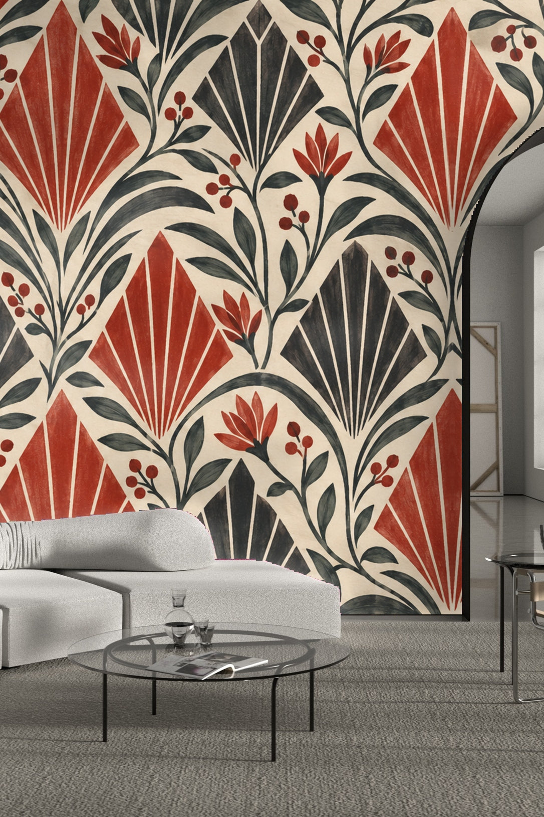 Side view of bedroom corner featuring Crimson Apex Rhythm wallpaper and wicker nightstand