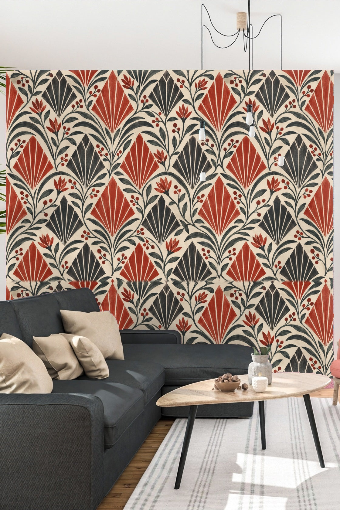 Pattern detail highlighting fan shapes and botanical elements in Crimson Apex Rhythm wallpaper