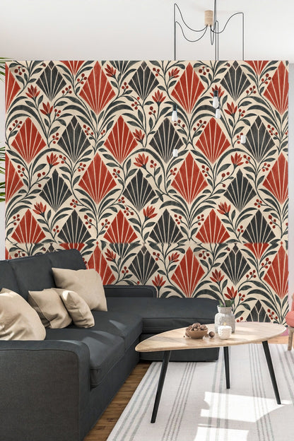Pattern detail highlighting fan shapes and botanical elements in Crimson Apex Rhythm wallpaper