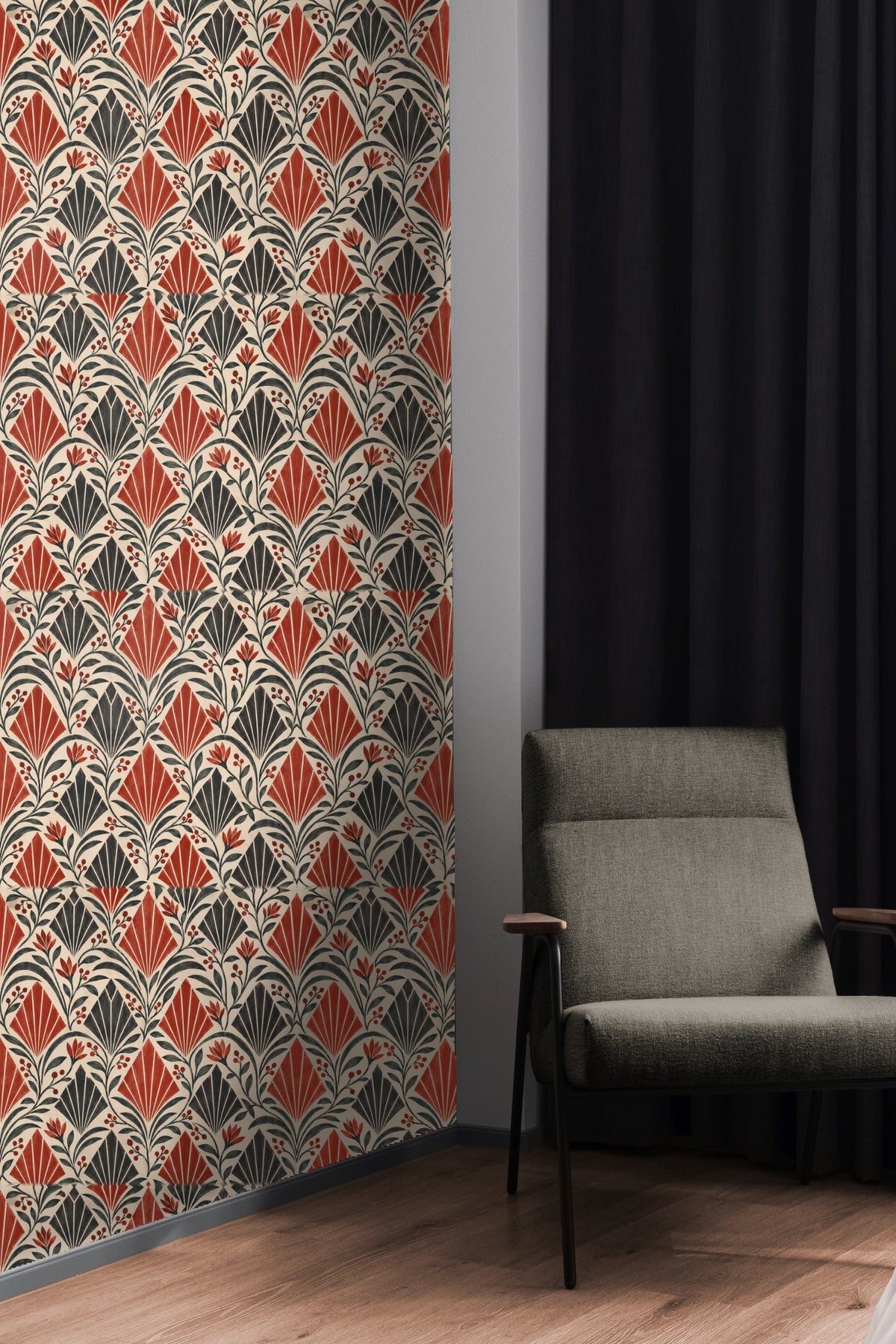 Art Deco inspired wallpaper with repeated fan pattern and floral accents