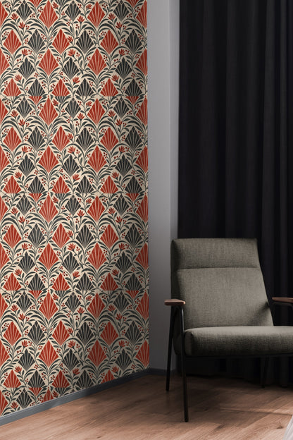 Art Deco inspired wallpaper with repeated fan pattern and floral accents