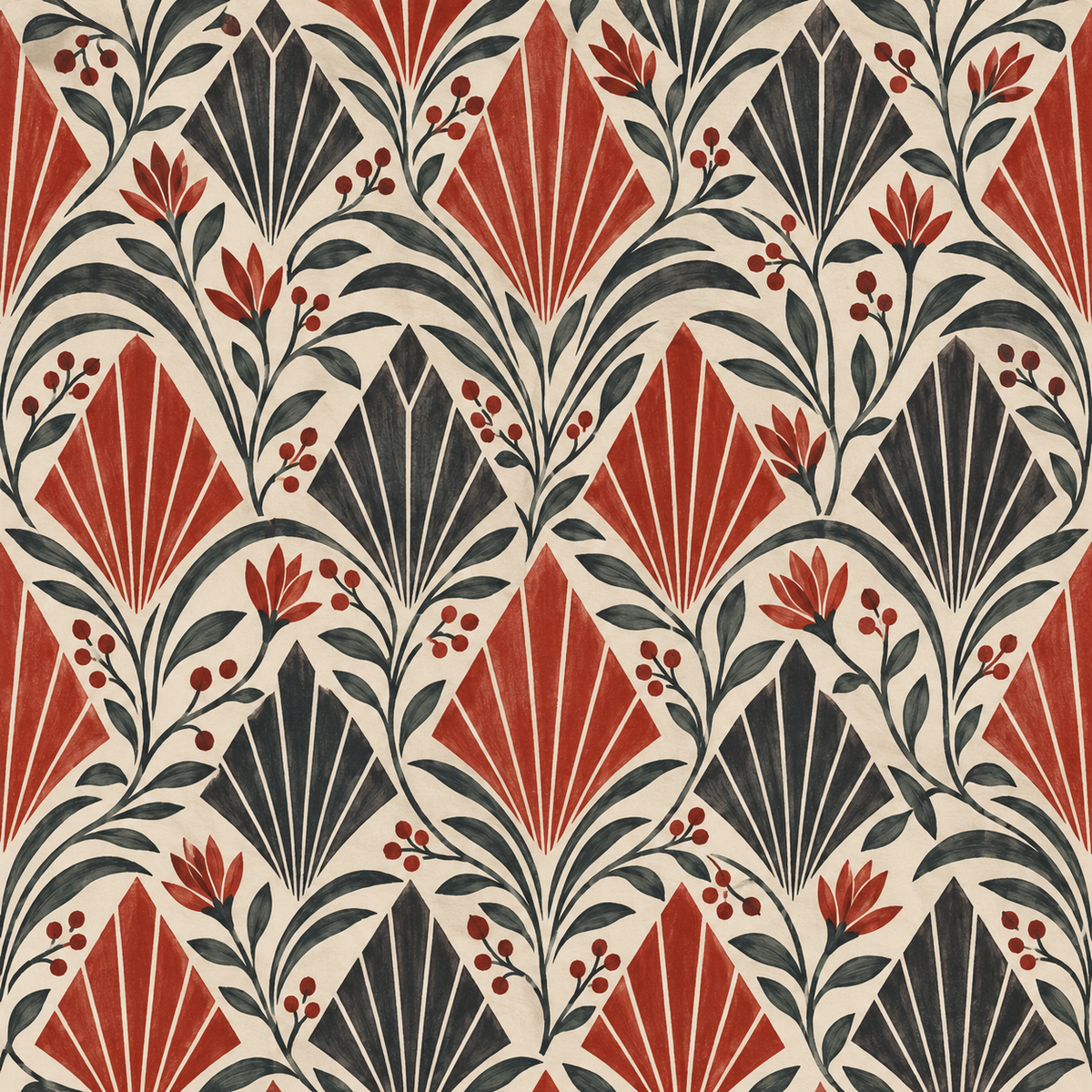 Vintage style wallpaper panel in red, black, and green with painterly brushstrokes