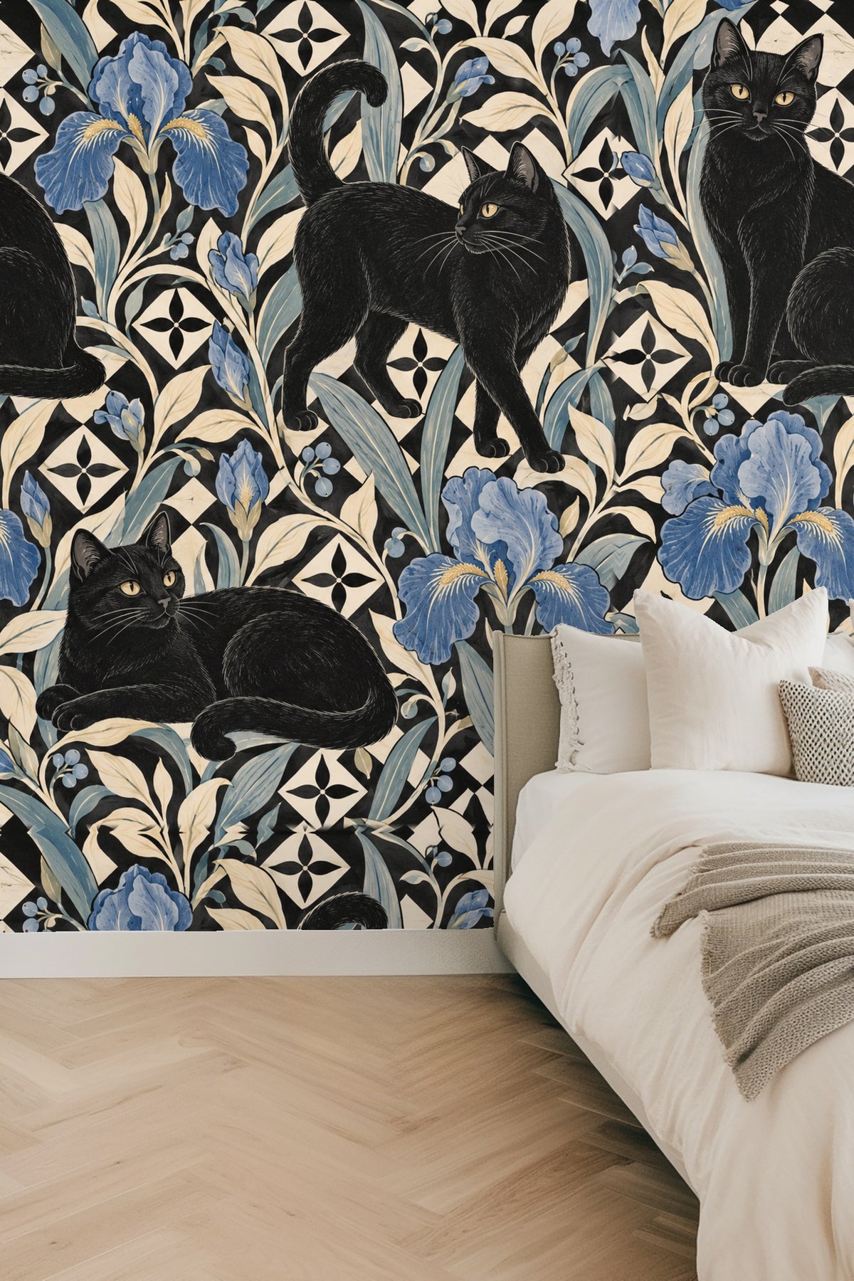 Detailed view of blue iris flowers with cream leaves and black geometric tiles