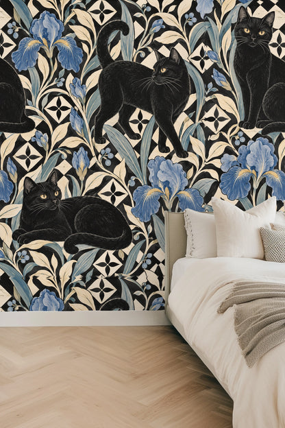 Detailed view of blue iris flowers with cream leaves and black geometric tiles