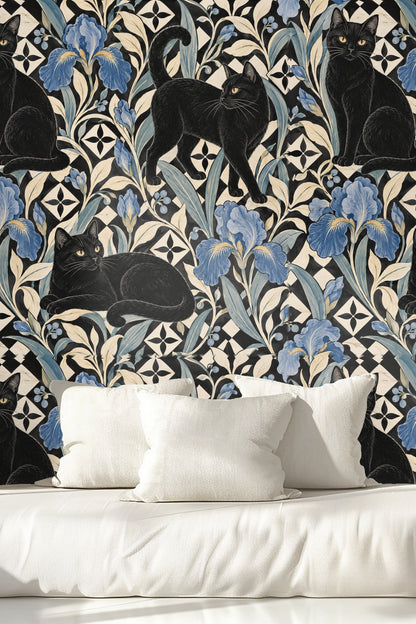 Botanical wallpaper with iris flowers, black cats, and diamond tile centers
