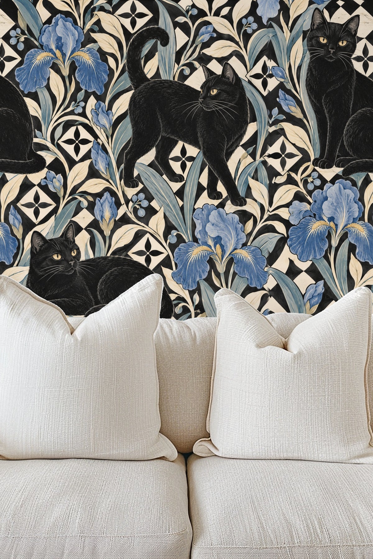 Bedroom interior with Tiled Iris Cats wallpaper behind bed and side lamp