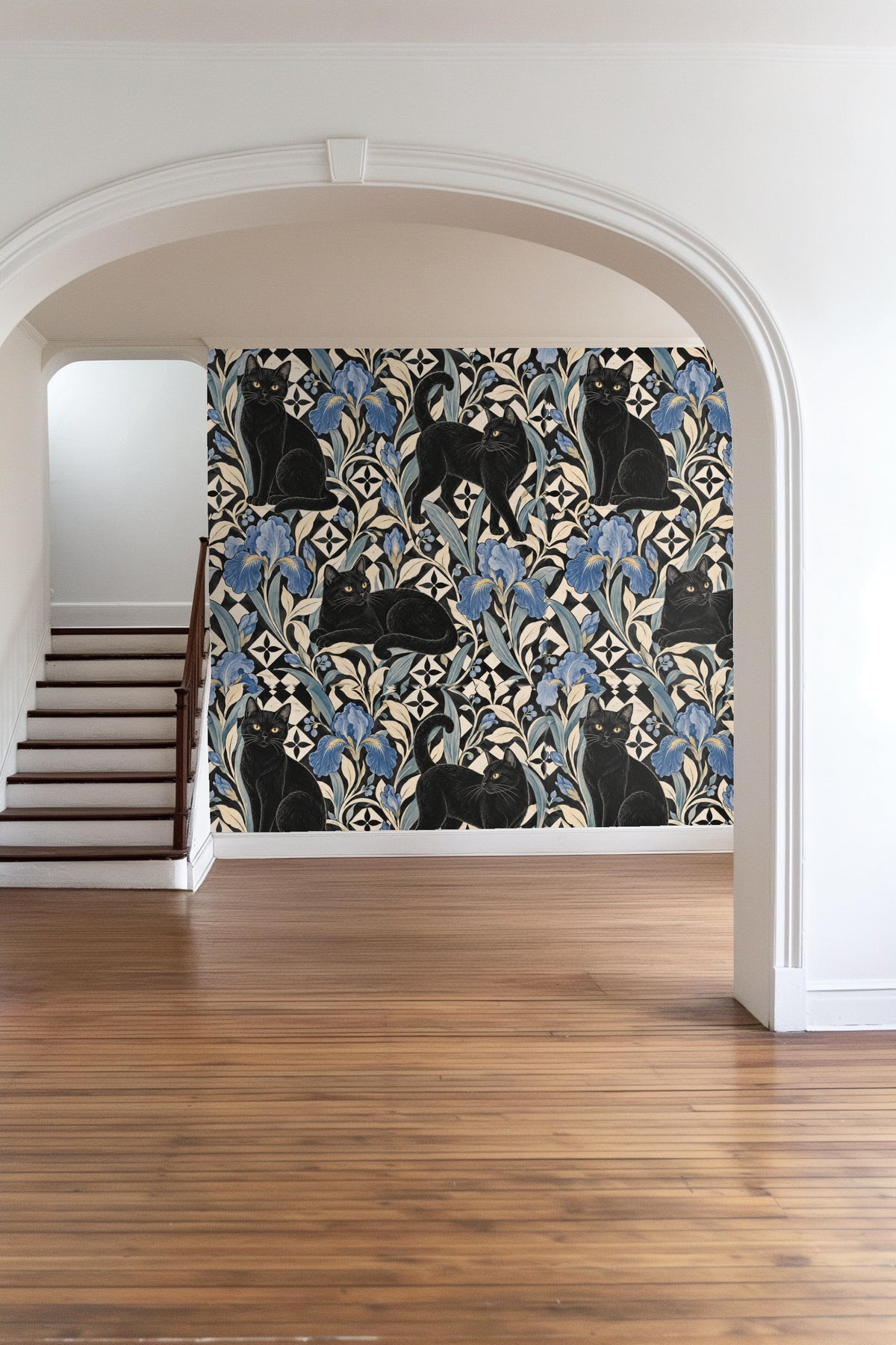 Close-up of a black cat in the wallpaper amidst blue iris and tile patterns
