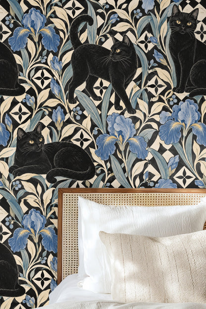 Living room couch with Tiled Iris Cats wallpaper featuring blue iris and black cat motif