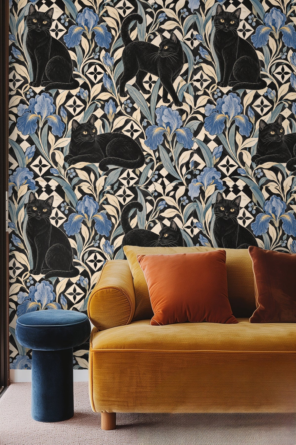 Blue and cream leaves curling around black cat in wallpaper
