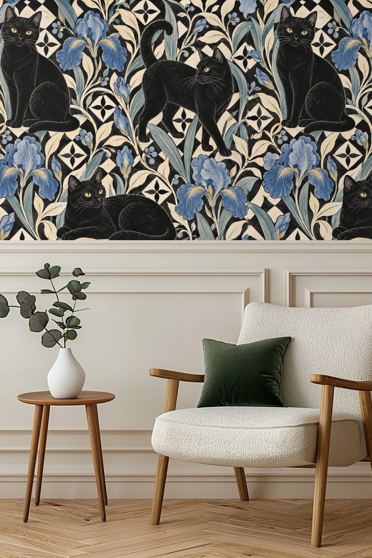 Sleek black cat with yellow eyes on patterned wallpaper
