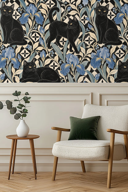 Sleek black cat with yellow eyes on patterned wallpaper